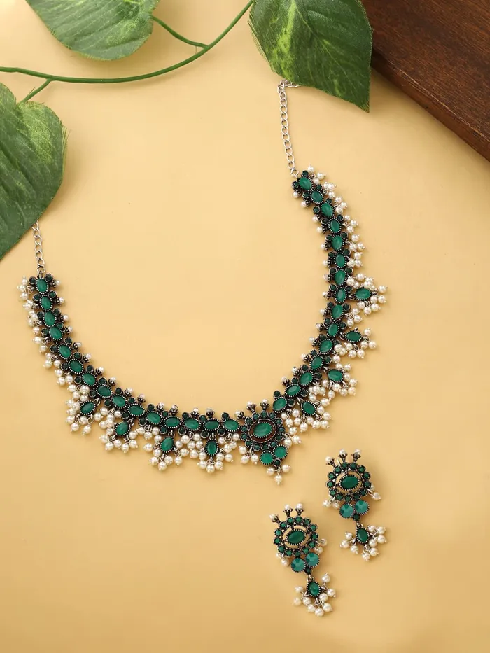 Necklaces Yellow Chimes Oxidised Jewellery Set for Women Silver Oxidised Green Studded Stones Choker Necklace Set for Women and Girls Yellow Chimes