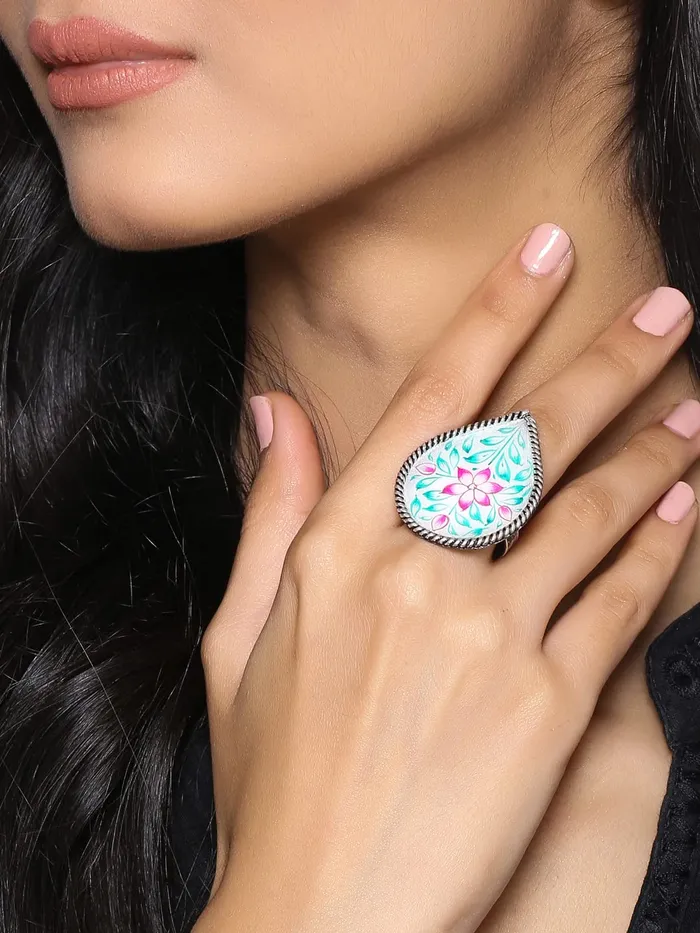 Necklaces Yellow Chimes Oxidised Rings for Women Multicolor Meenakari Hand Painted Silver Oxidised Ring Adjustable Finger Rings for Women and Girls RG 4 Adjustable Yellow Chimes
