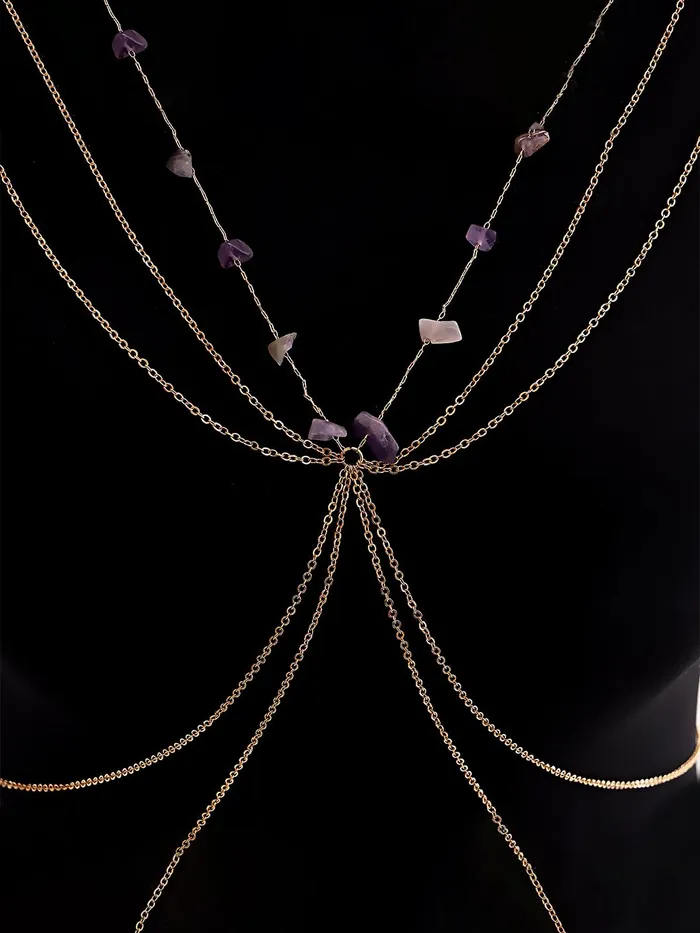 Necklaces Yellow Chimes Yellow Chimes Body Chain For Women Layered Gold Toned Purple Beaded Body Chain For Women and Girls