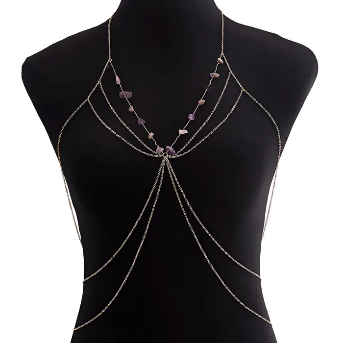 Necklaces Yellow Chimes Yellow Chimes Body Chain For Women Layered Gold Toned Purple Beaded Body Chain For Women and Girls