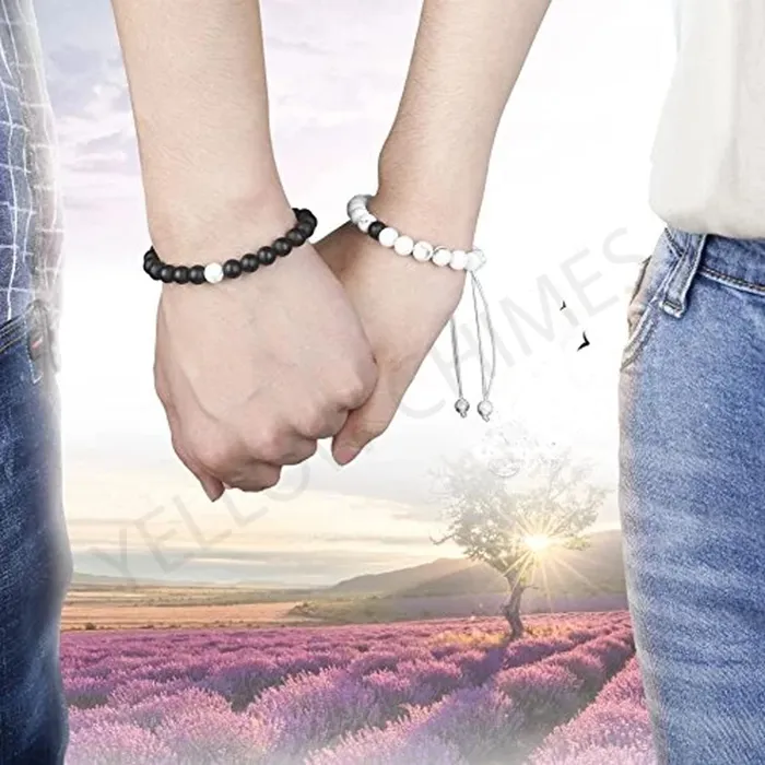 Necklaces Yellow Chimes Yellow Chimes Couple Bracelets for Women 2 Pcs Yin Yang Bracelet Couple Set Stainless Steel Stretchable Beads Bracelets for Women and Men