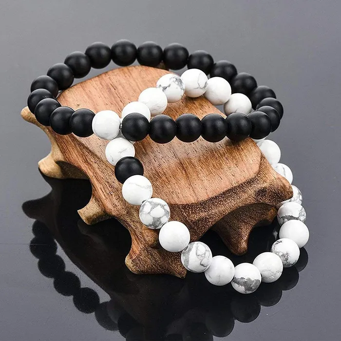 Necklaces Yellow Chimes Yellow Chimes Couple Bracelets for Women 2 Pcs Yin Yang Bracelet Couple Set Stainless Steel Stretchable Beads Bracelets for Women and Men