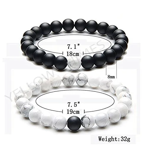 Necklaces Yellow Chimes Yellow Chimes Couple Bracelets for Women 2 Pcs Yin Yang Bracelet Couple Set Stainless Steel Stretchable Beads Bracelets for Women and Men