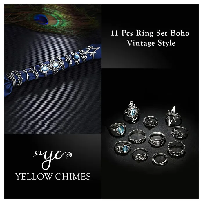 Necklaces Yellow Chimes Yellow Chimes Crystal Oxidized Silver Plated Brass Boho Vintage Style Midi Finger Knuckle Rings Set for Women and Girls Combo of 11 PcsSet