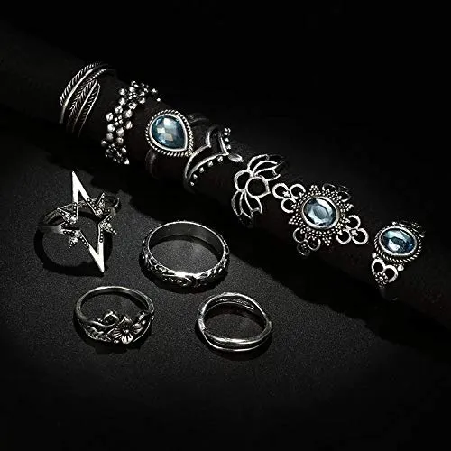 Necklaces Yellow Chimes Yellow Chimes Crystal Oxidized Silver Plated Brass Boho Vintage Style Midi Finger Knuckle Rings Set for Women and Girls Combo of 11 PcsSet