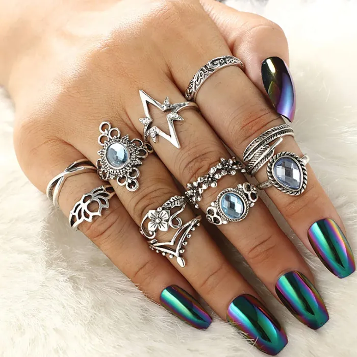 Necklaces Yellow Chimes Yellow Chimes Crystal Oxidized Silver Plated Brass Boho Vintage Style Midi Finger Knuckle Rings Set for Women and Girls Combo of 11 PcsSet
