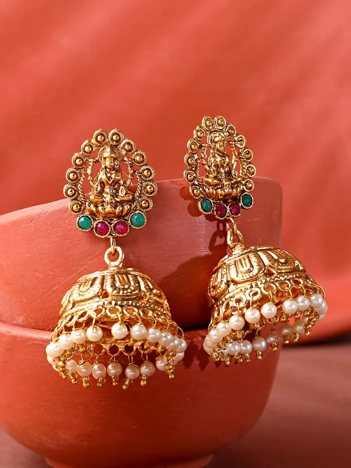 Necklaces Yellow Chimes Yellow Chimes Earrings For Women Gold Plated Pearl Hanging Dome Shaped Traditional Jhumka Earrings For Women and Girls