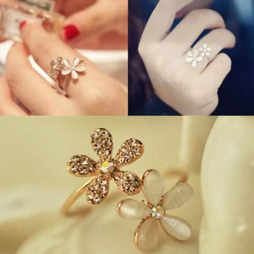 Necklaces Yellow Chimes Yellow Chimes Elegant Design Opal Collection Dual Flower Charm Gold Plated Stylish Rings for Women and GirlsAdjustable