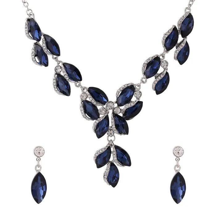 Necklaces Yellow Chimes Yellow Chimes Jewellery Set For Women Dark Blue Oval Shaped Crystal Studded Necklace Set With Earring For Women and Girls Necklaces Yellow Chimes Yellow Chimes Jewellery Set For Women Dark Blue Oval Shaped Crystal Studded Necklace Set With Earring For Women and Girls