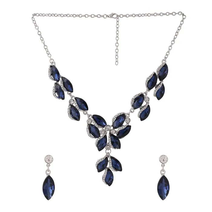 Necklaces Yellow Chimes Yellow Chimes Jewellery Set For Women Dark Blue Oval Shaped Crystal Studded Necklace Set With Earring For Women and Girls