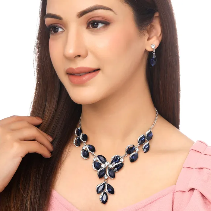 Necklaces Yellow Chimes Yellow Chimes Jewellery Set For Women Dark Blue Oval Shaped Crystal Studded Necklace Set With Earring For Women and Girls