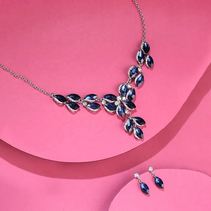 Necklaces Yellow Chimes Yellow Chimes Jewellery Set For Women Dark Blue Oval Shaped Crystal Studded Necklace Set With Earring For Women and Girls