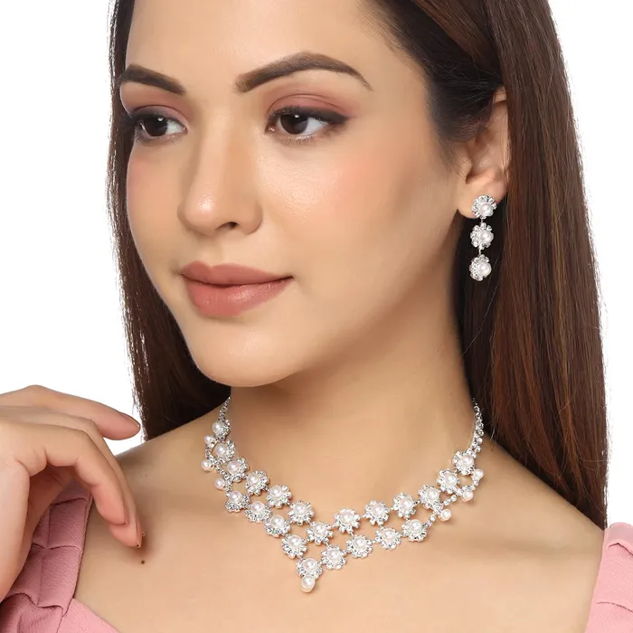 Necklaces Yellow Chimes Yellow Chimes Jewellery Set For Women Floral Pearl Studded Choker Necklace Set With Earring For Women and Girls