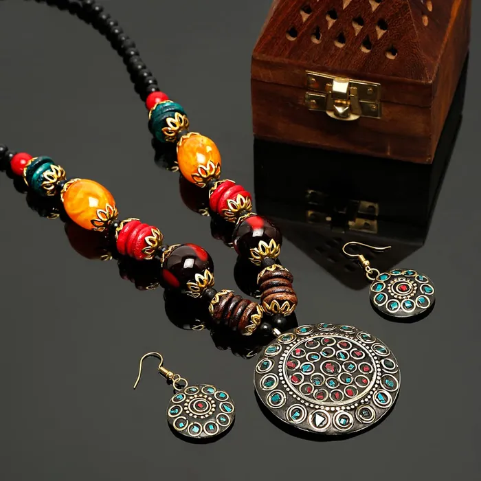 Necklaces Yellow Chimes Yellow Chimes Jewellery Set for Women Traditional Silver Oxidised Jewellery Set Multicolor Necklace Set Beads Oxidized Necklace Set Birthday Gift For Girls Women Anniversary Gift for Wife