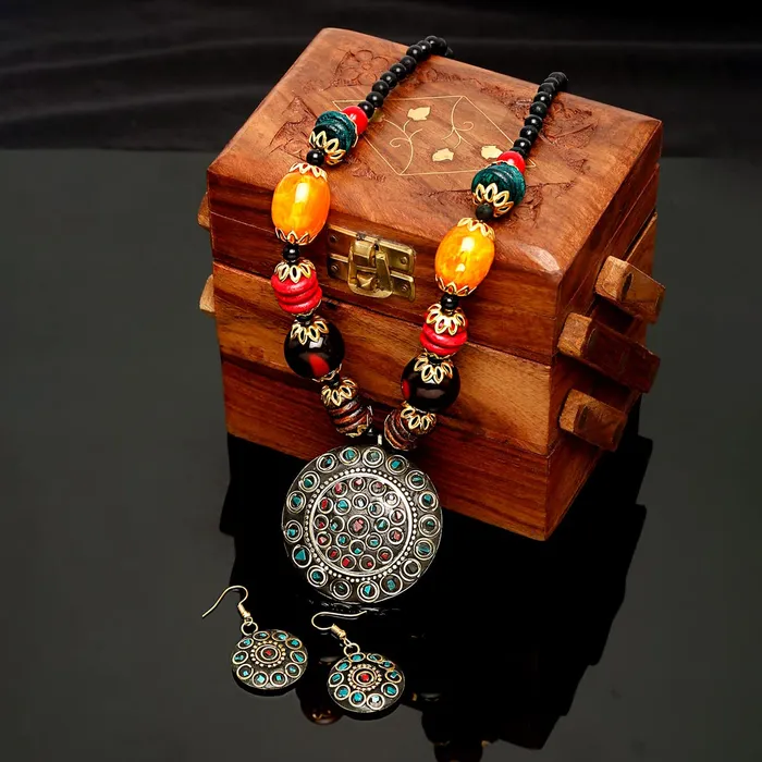 Necklaces Yellow Chimes Yellow Chimes Jewellery Set for Women Traditional Silver Oxidised Jewellery Set Multicolor Necklace Set Beads Oxidized Necklace Set Birthday Gift For Girls Women Anniversary Gift for Wife