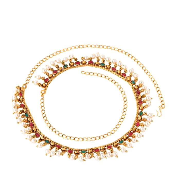 Necklaces Yellow Chimes Yellow Chimes Kamarbandh For Women Gold Plated Multicolor Stone and Pearl Beaded Traditional Adjustable Kamarbandh For Women and Girls