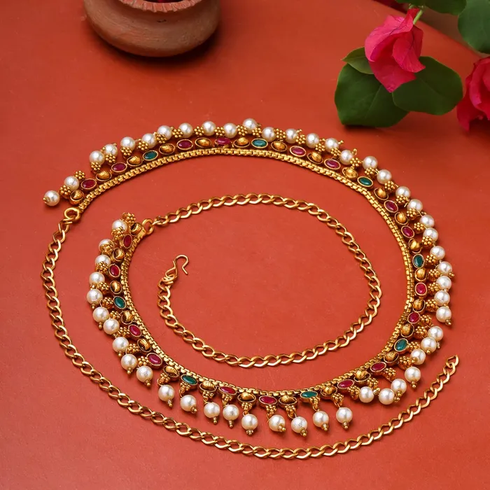 Necklaces Yellow Chimes Yellow Chimes Kamarbandh For Women Gold Plated Multicolor Stone and Pearl Beaded Traditional Adjustable Kamarbandh For Women and Girls