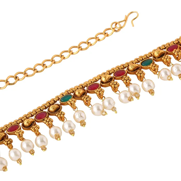 Necklaces Yellow Chimes Yellow Chimes Kamarbandh For Women Gold Plated Multicolor Stone and Pearl Beaded Traditional Adjustable Kamarbandh For Women and Girls