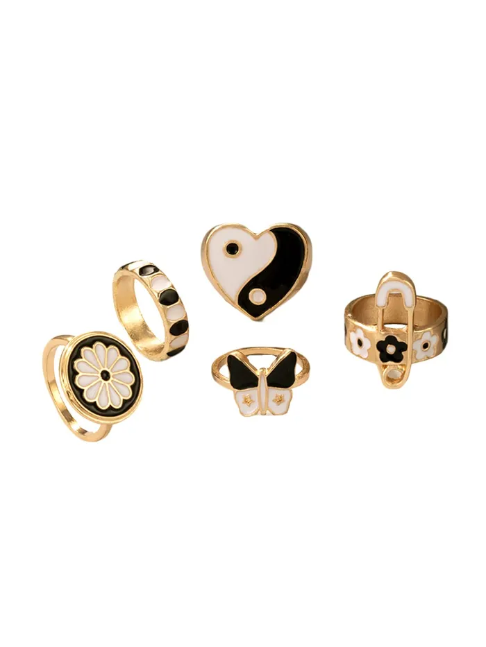 Necklaces Yellow Chimes Yellow Chimes Knuckle Rings for Women 5 Pcs Black Stack Rings Gold Plated Midi Finger Knuckle Ring Set for Women and Girls
