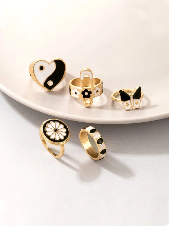 Necklaces Yellow Chimes Yellow Chimes Knuckle Rings for Women 5 Pcs Black Stack Rings Gold Plated Midi Finger Knuckle Ring Set for Women and Girls