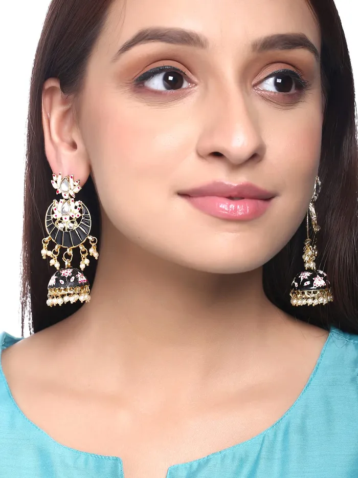 Necklaces Yellow Chimes Yellow Chimes Meenakari Jhumka Earrings for Women Ethnic Gold Plated Traditional Black Chandbali Jhumka Earrings for Women and Girls