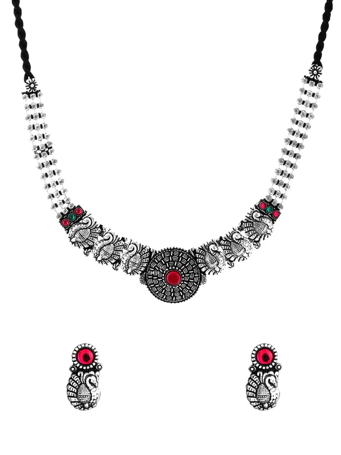 Necklaces Yellow Chimes Yellow Chimes Oxidised Jewellery Set for Women Authentic Kolhapuri Worked Peacock Shaped Choker Necklace Sets for Women and Girls Silver Necklaces Yellow Chimes Yellow Chimes Oxidised Jewellery Set for Women Authentic Kolhapuri Worked Peacock Shaped Choker Necklace Sets for Women and Girls Silver