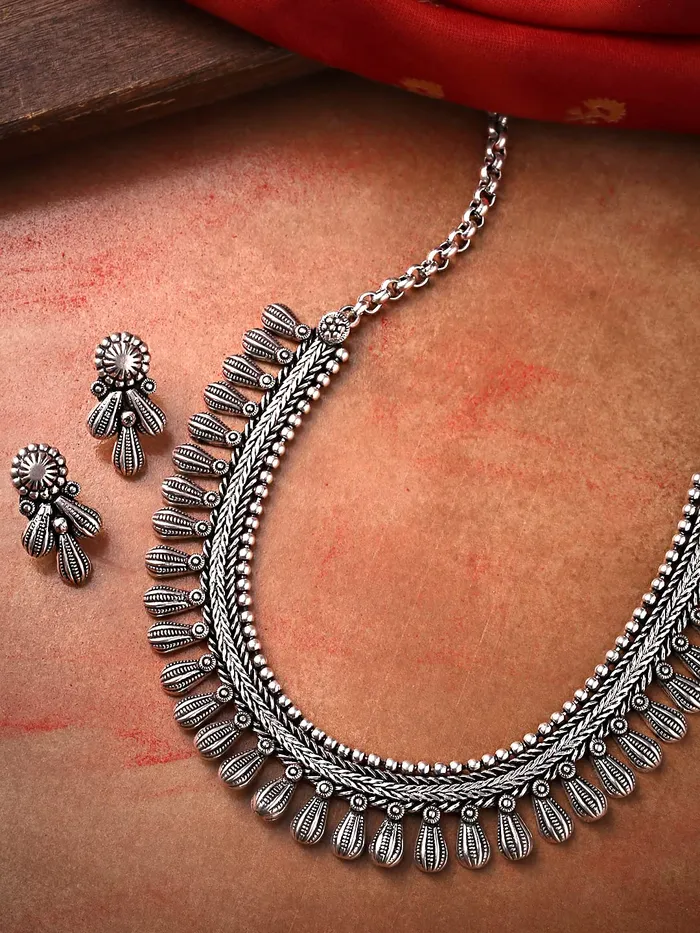 Necklaces Yellow Chimes Yellow Chimes Oxidised Necklace Set Silver Kolhapuri Necklace Traditional Necklace Set For Women Girls