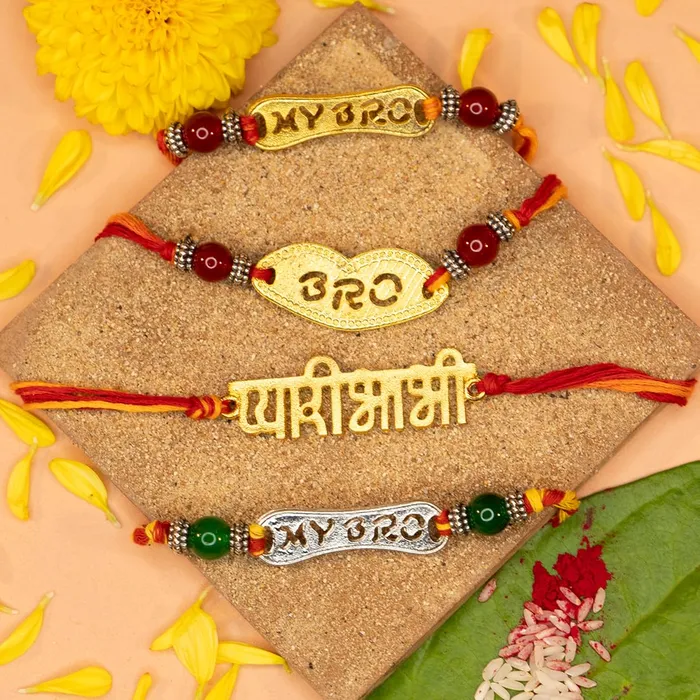 Necklaces Yellow Chimes Yellow Chimes Rakhi for Brother Combo of 4 Rakhi Set for Brother Traditional Gold and Silver Plated Rakhi Set for Brother and Sister Rakhi with Roli Chawal and Greeting Card