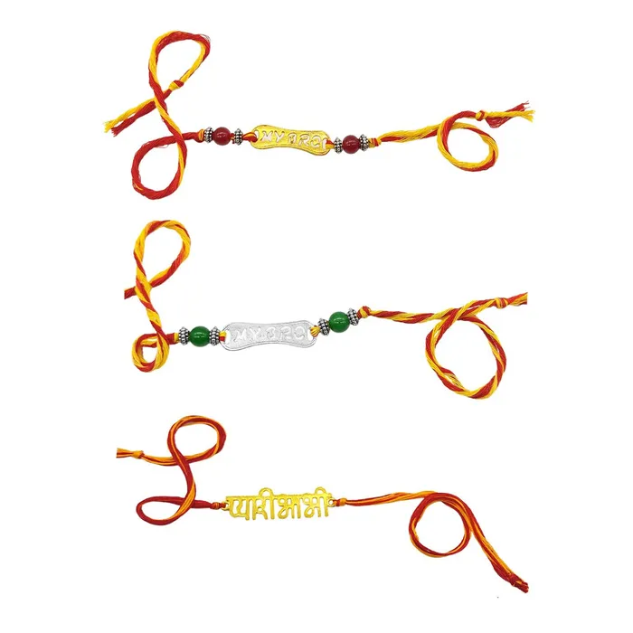 Necklaces Yellow Chimes Yellow Chimes Rakhi for Brother Combo of 4 Rakhi Set for Brother Traditional Gold and Silver Plated Rakhi Set for Brother and Sister Rakhi with Roli Chawal and Greeting Card