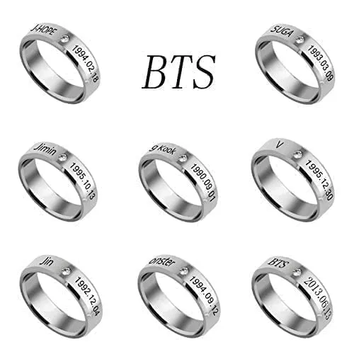 Necklaces Yellow Chimes Yellow Chimes Ring for Men BTS Rings Stainless Steel Silver Ring Kpop BTS Bangtan Members Name and Date of Birth Engraved Ring for Men and Boys
