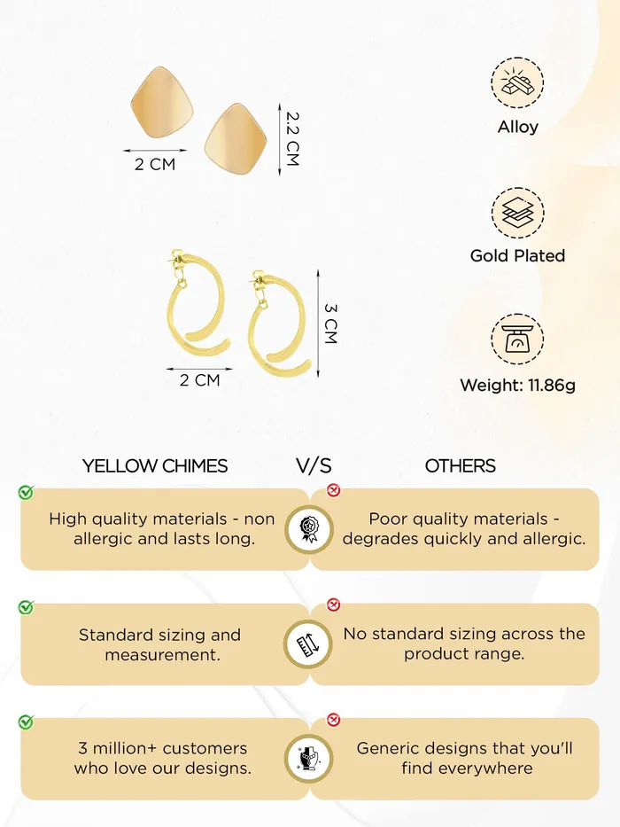 Necklaces Yellow Chimes Yellow Chimes Stud Earrings for Women Fashion Golden Studs Drop Earrings for Girls Combo of 2 Pairs Earrings Set Birthday Anniversary Gift for Girls Wife