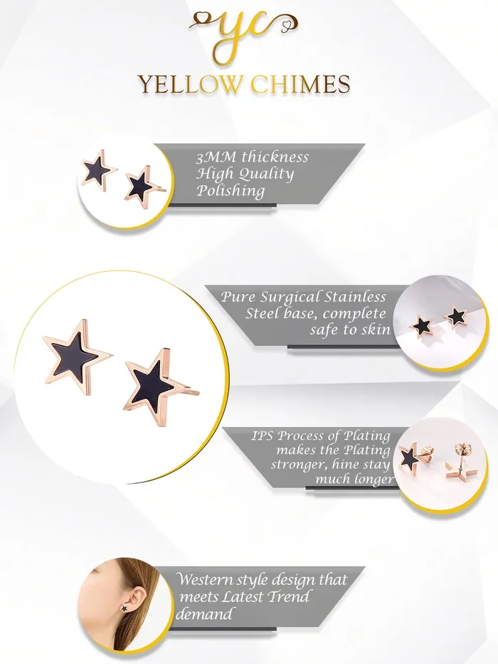 Necklaces Yellow Chimes Yellow Chimes Stud Earrings for Women Western Rose Gold Plated Stainless Steel Black Star Shaped Studs Earrings For Women and Girls