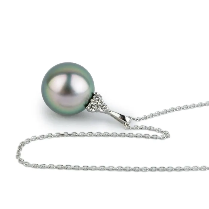 Pink Peacock Tahitian Pearl Diamond Toru Necklace on 14K White Gold Kamoka Pearl Necklaces