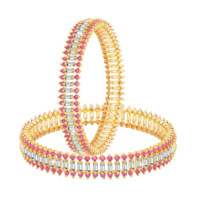 PreStyled Sets Yellow Chimes Yellow Chimes Classic Set of 2 Pcs Pink ADAmerican Diamond Studded 18k Gold Plated Handcrafted Designer Bangles for Women Girls 28