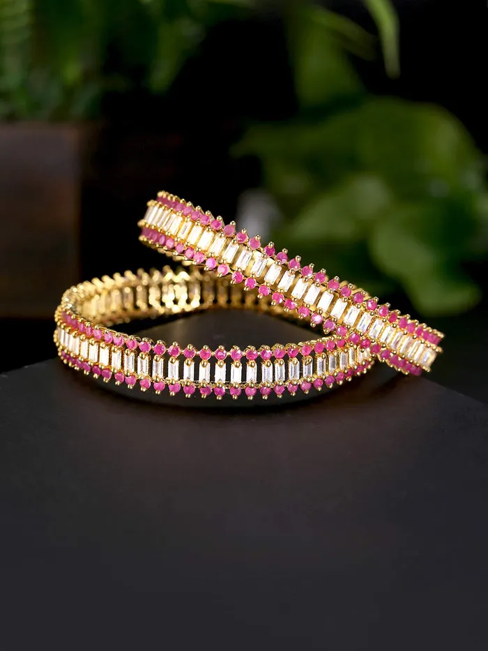 PreStyled Sets Yellow Chimes Yellow Chimes Classic Set of 2 Pcs Pink ADAmerican Diamond Studded 18k Gold Plated Handcrafted Designer Bangles for Women Girls 28
