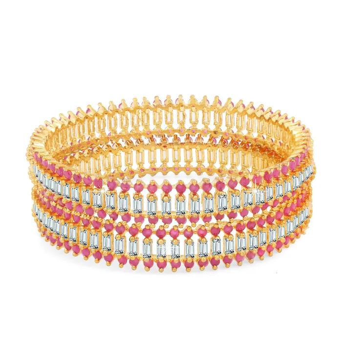 PreStyled Sets Yellow Chimes Yellow Chimes Classic Set of 2 Pcs Pink ADAmerican Diamond Studded 18k Gold Plated Handcrafted Designer Bangles for Women Girls 28
