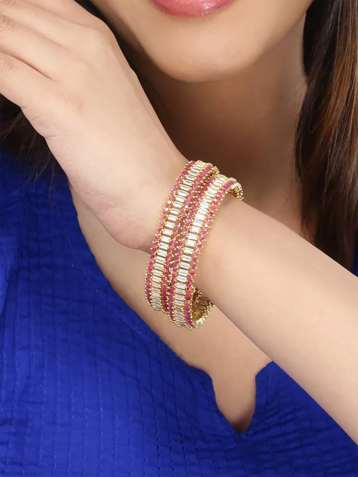 PreStyled Sets Yellow Chimes Yellow Chimes Classic Set of 2 Pcs Pink ADAmerican Diamond Studded 18k Gold Plated Handcrafted Designer Bangles for Women Girls 28