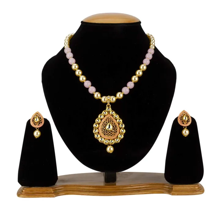 PreStyled Sets Yellow Chimes Yellow Chimes Traditional Pearl Kundan Gold Plated Necklace Woth Drop Earrings For Women