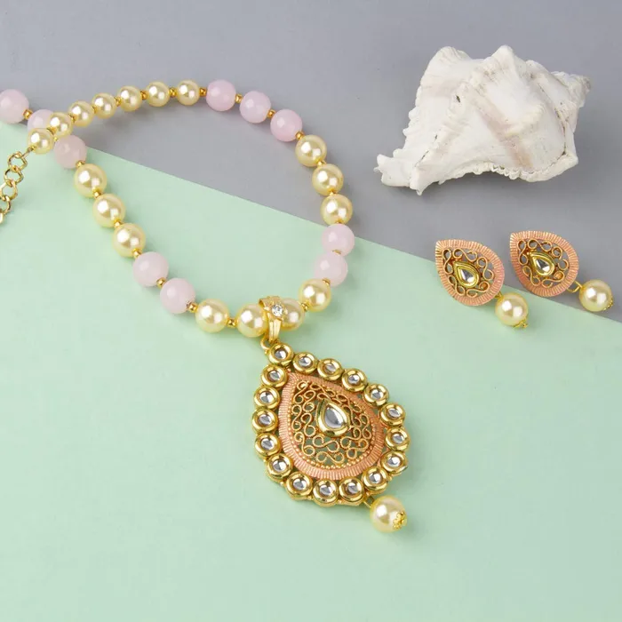 PreStyled Sets Yellow Chimes Yellow Chimes Traditional Pearl Kundan Gold Plated Necklace Woth Drop Earrings For Women