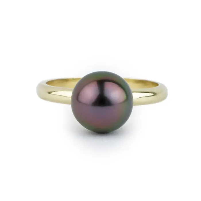Rings Kamoka Pearl Vibrant Plum Peacock 92mm Tahitian Pearl Ring on 14k Yellow Gold