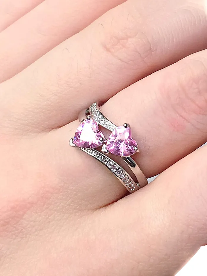 Rings Yellow Chimes Rings for Women and Girls Pink Color Ring Silver Tone Dual Heart Shaped Pink Crystal Finger Ring for Women Birthday Gift For girls and women Anniversary Gift for Wife Yellow Chimes