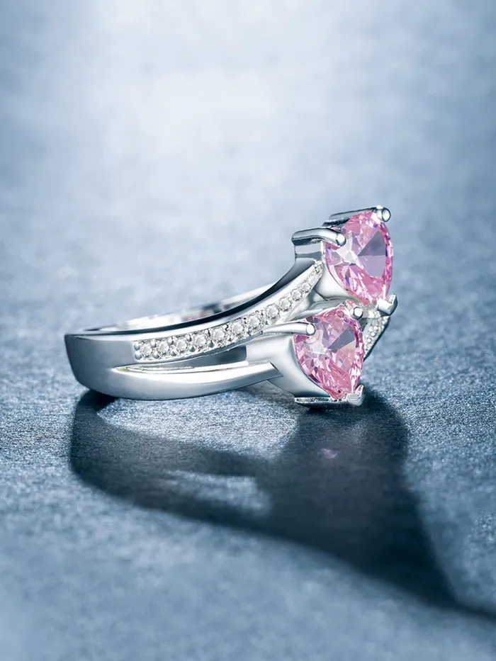 Rings Yellow Chimes Rings for Women and Girls Pink Color Ring Silver Tone Dual Heart Shaped Pink Crystal Finger Ring for Women Birthday Gift For girls and women Anniversary Gift for Wife Yellow Chimes