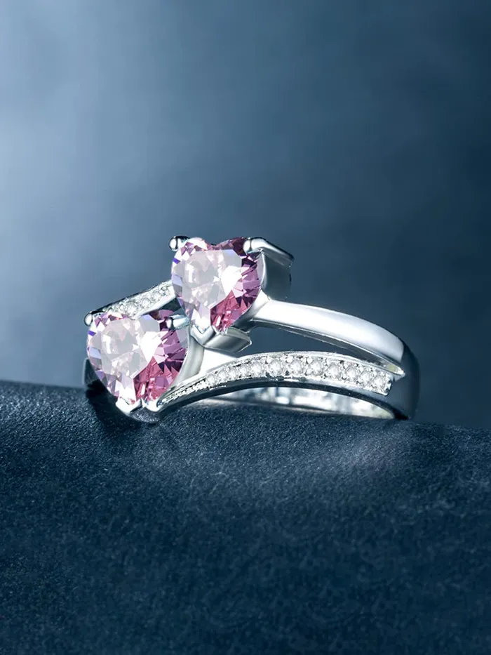 Rings Yellow Chimes Rings for Women and Girls Pink Color Ring Silver Tone Dual Heart Shaped Pink Crystal Finger Ring for Women Birthday Gift For girls and women Anniversary Gift for Wife Yellow Chimes