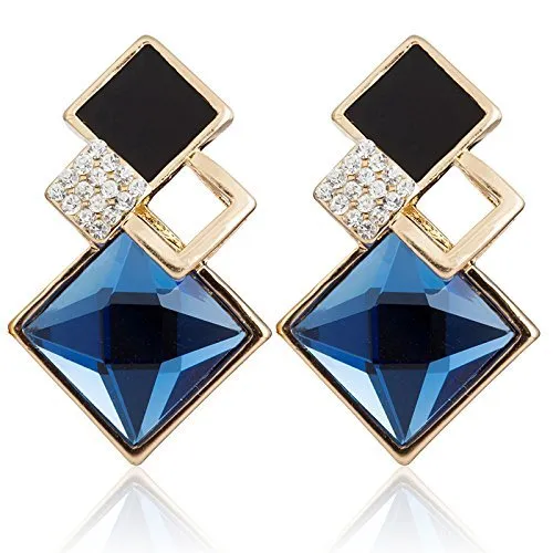 Rings Yellow Chimes Yellow Chimes Fine Vintage Long Square Geometric Crystal Blue Gold Plated Drop Stud Earrings for Women and Girls