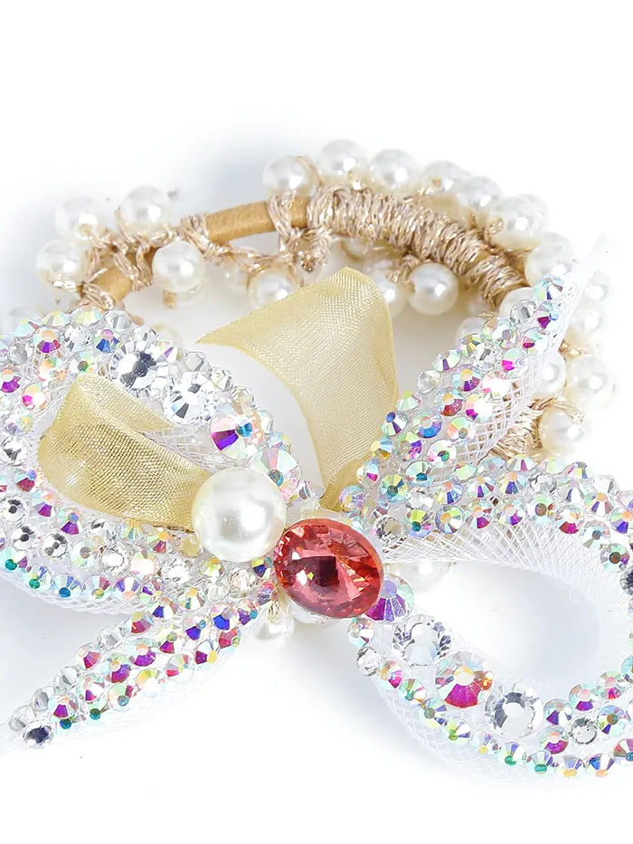 Rings Yellow Chimes Yellow Chimes Hair Tie Fancy Hair Band Crystal Studded Decorative Ponytail Holder Hair Accessories for Women Pack of 1 White Meduim YCHARBWM006WH