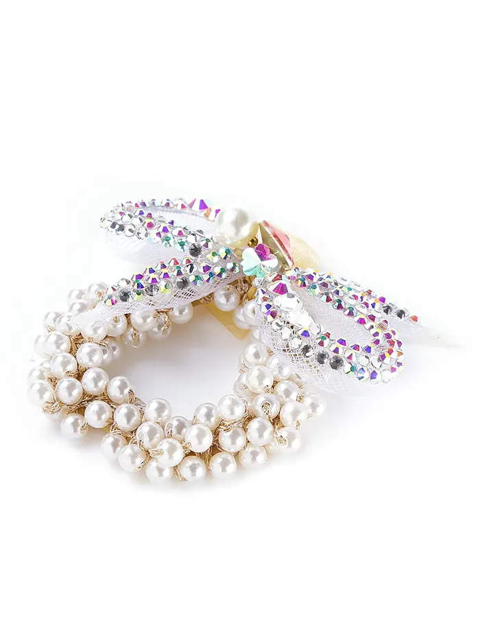 Rings Yellow Chimes Yellow Chimes Hair Tie Fancy Hair Band Crystal Studded Decorative Ponytail Holder Hair Accessories for Women Pack of 1 White Meduim YCHARBWM006WH