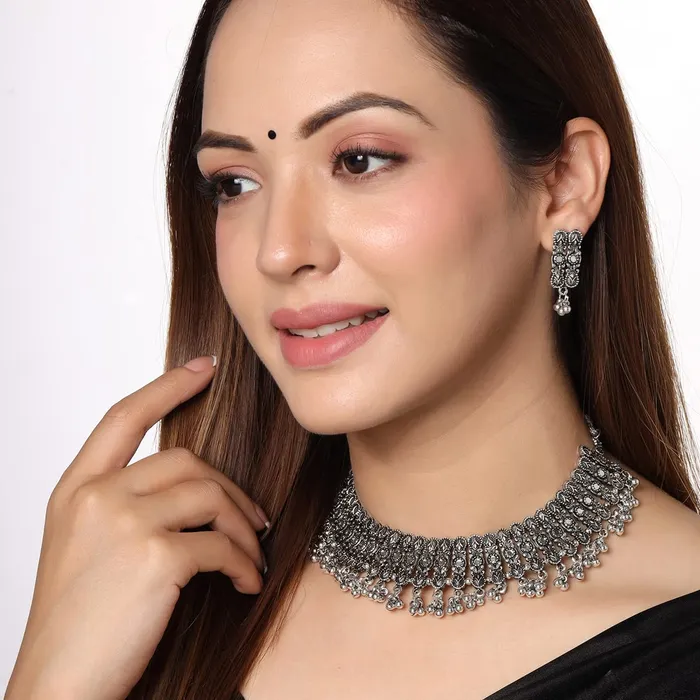 Rings Yellow Chimes Yellow Chimes Jewellery Set for Women and Girls Traditional Silver Oxidised Jewellery Set Stone Choker Necklace Set for Women Birthday Gift For Girls and Women Anniversary Gift for Wife