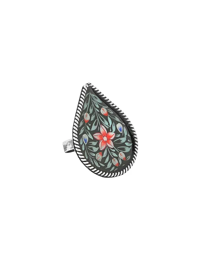 Rings Yellow Chimes Yellow Chimes Oxidised Rings for Women Green Meenakari Hand Painted Silver Oxidised Ring Adjustable Finger Rings for Women and Girls