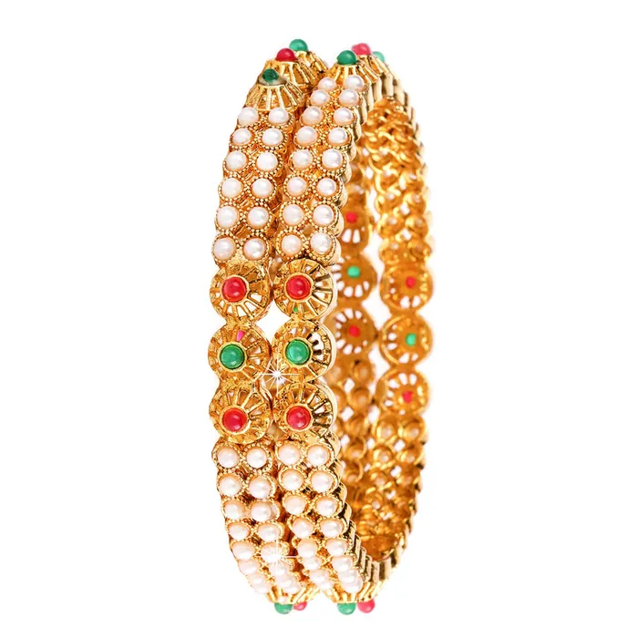 Rings Yellow Chimes Yellow Chimes Stone Work Moti Craftmanship Copper Gold Plated 2 Pc Bangles Traditional Bangle Set for Women and Girls 26