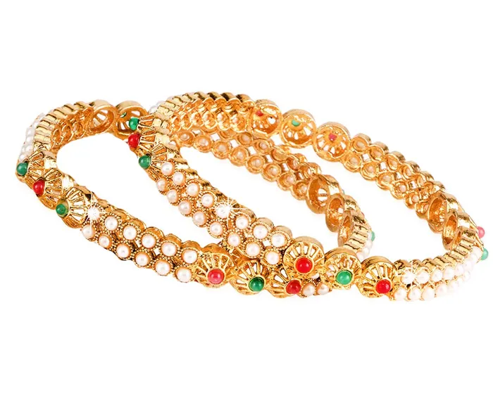Rings Yellow Chimes Yellow Chimes Stone Work Moti Craftmanship Copper Gold Plated 2 Pc Bangles Traditional Bangle Set for Women and Girls 26